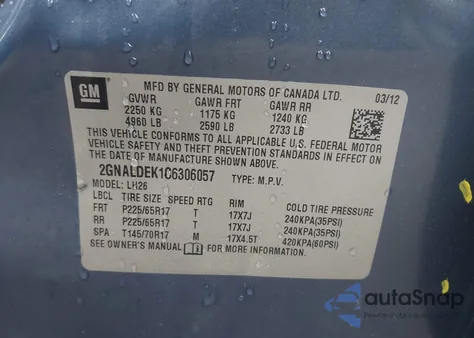 2012 Chevrolet Equinox 1Lt из США, поврежденный, VIN 2GNALDEK1C6306057